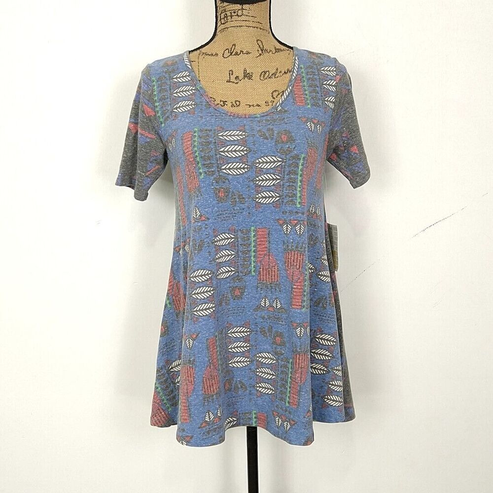 NWT Lularoe Womens sz XXS Perfect T Shirt Blue Geometric Short Sleeve Scoop Neck